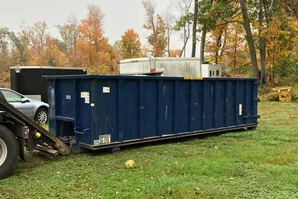 dark blue dumpster on a lawn