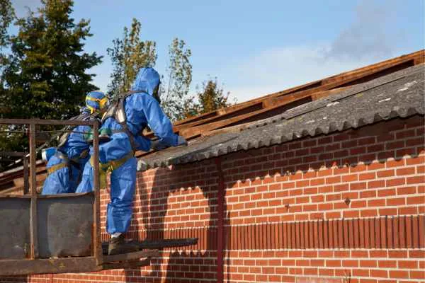 two workers in blue protection suits removing asbestos from a roof