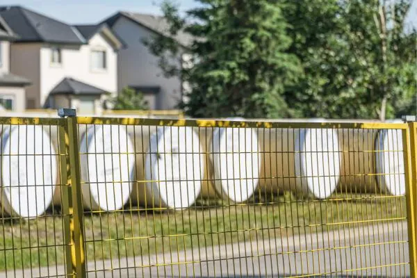 yellow temporary fence around white cylinders and houses