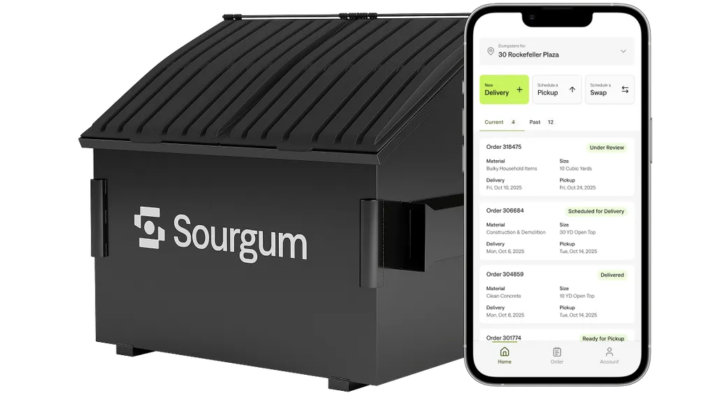 A Sourgum 8 Yard Dumpster Next to an iPhone Showing Sourgum's Mobile App