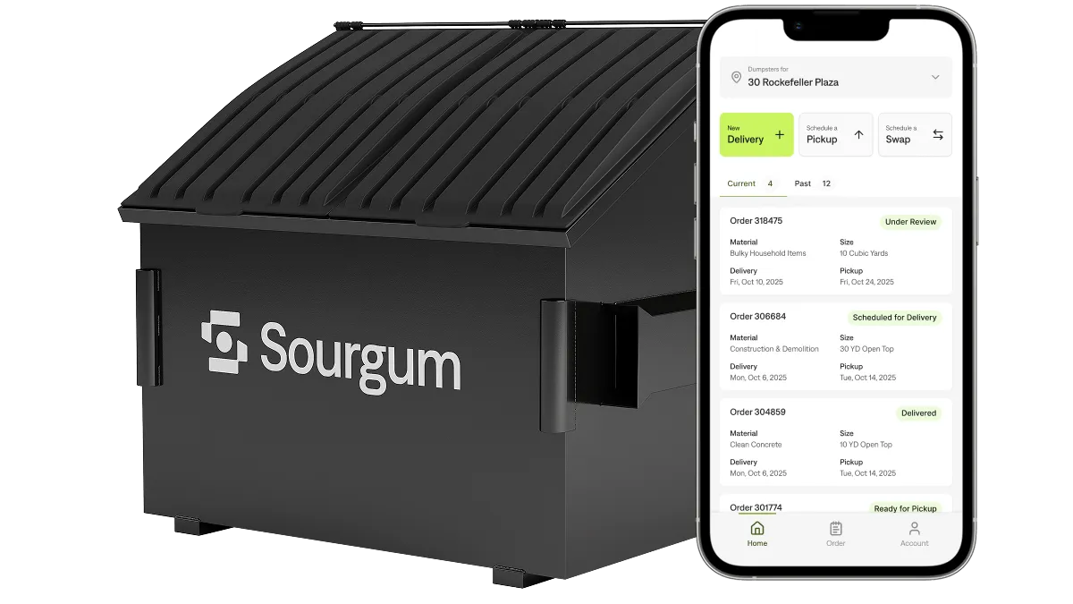 A Sourgum 8 Yard Dumpster Next to an iPhone Showing Sourgum's Mobile App