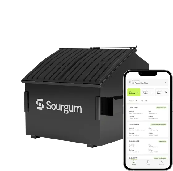 A Sourgum 8 Yard Dumpster Next to an iPhone Showing Sourgum's Mobile App