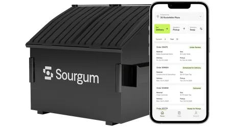 A Sourgum 8 Yard Dumpster Next to an iPhone Showing Sourgum's Mobile App