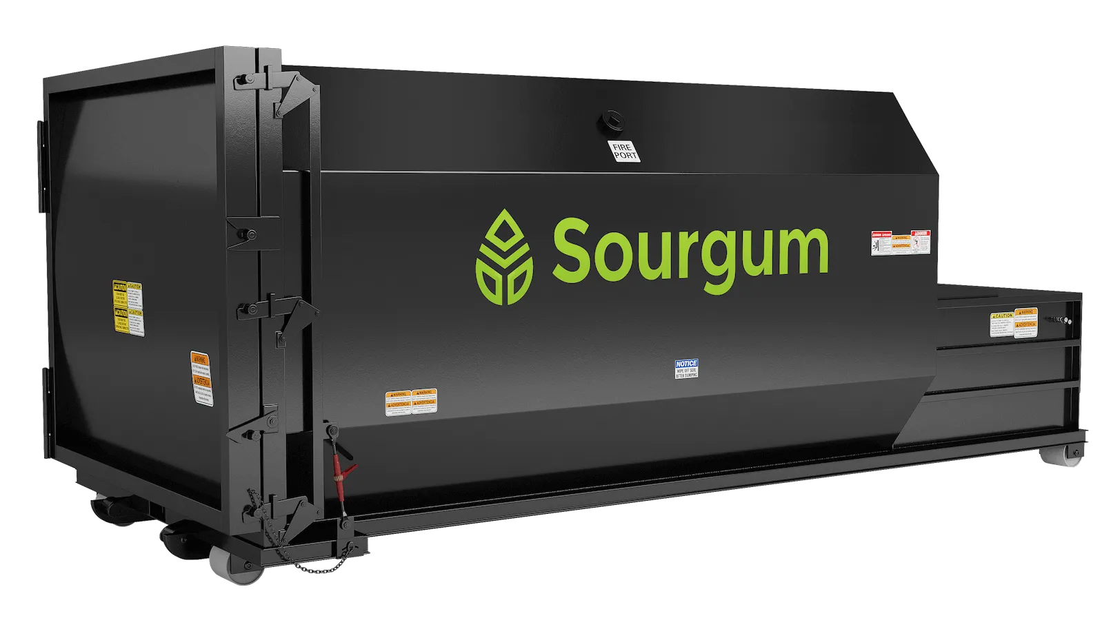 A black Sourgum 30 yard self contained roll off waste and recycling compactor