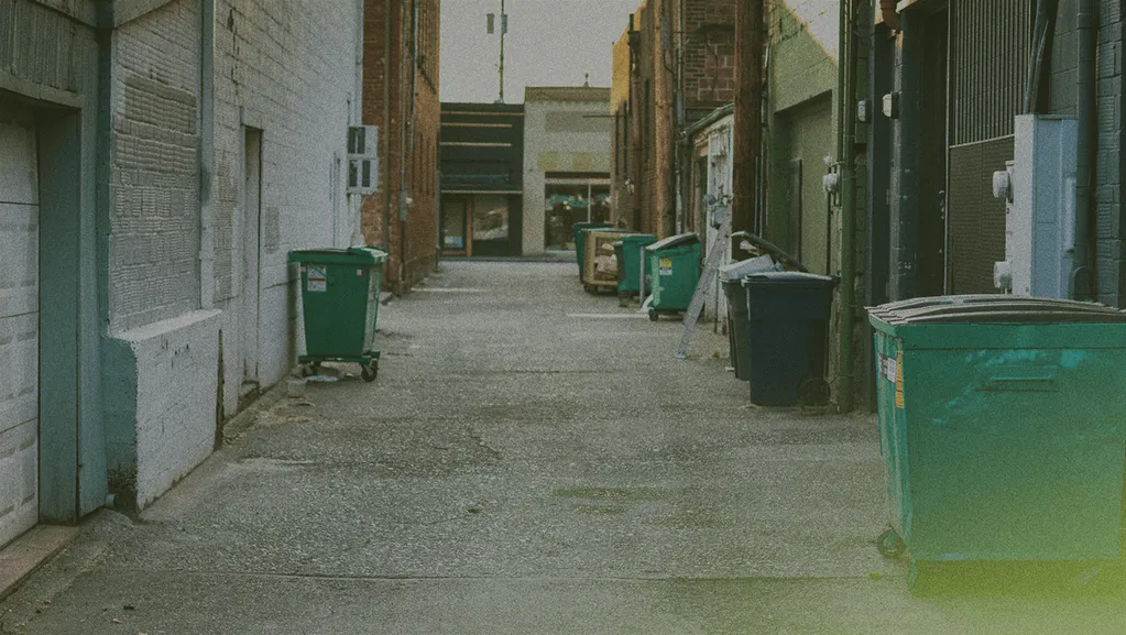 Narrow alleyway with green and blue dumpsters lined against brick and concrete walls, leading to a distant street view.
