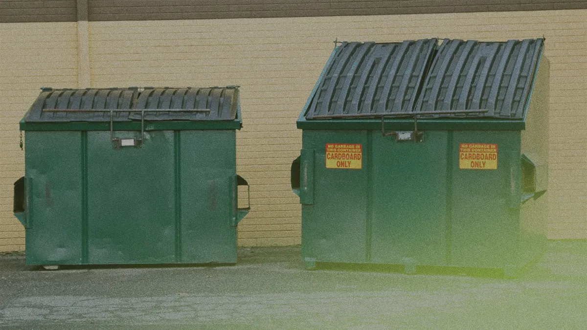 Two green dumpsters with black lids and "Cardboard Only" signs stand on asphalt near a beige brick wall.