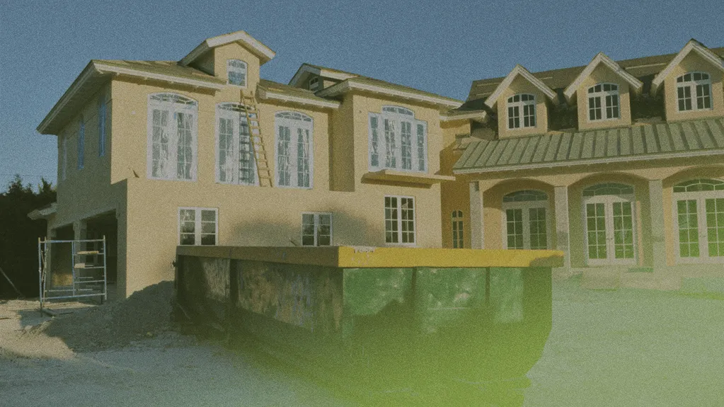 A two-story house under construction with a ladder on the facade, scaffolding, and a large dumpster in the foreground.