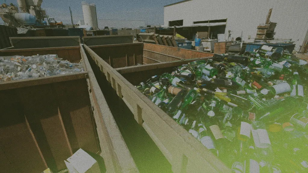 Bins filled with assorted glass bottles and plastic containers in an industrial recycling facility under a clear sky.