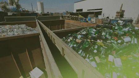 Bins filled with assorted glass bottles and plastic containers in an industrial recycling facility under a clear sky.