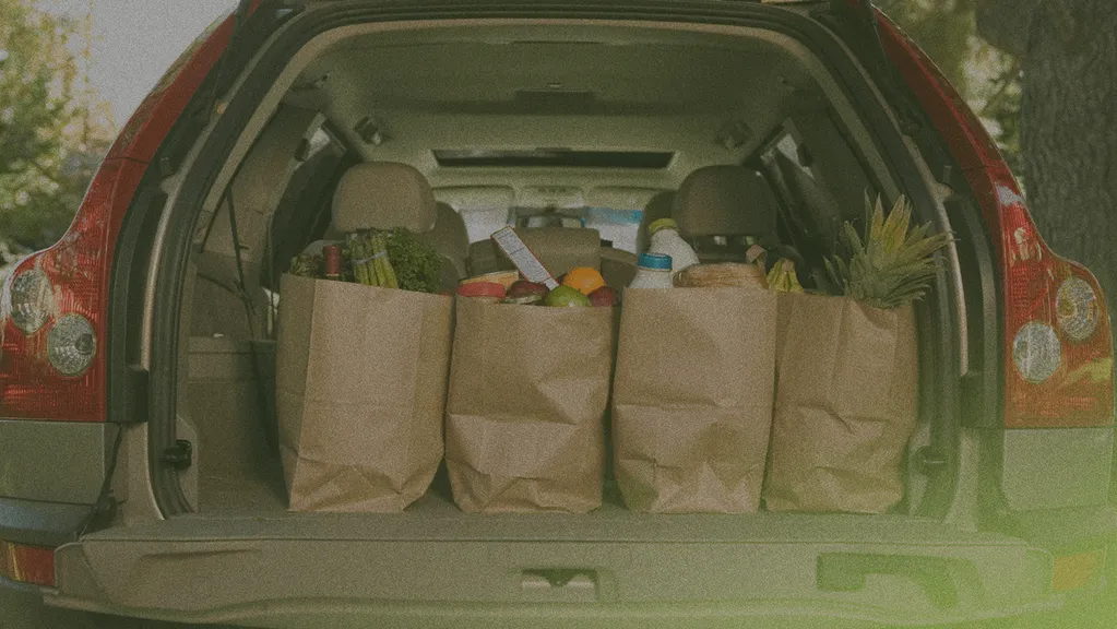Open car trunk with four paper bags filled with groceries, including fruits, vegetables, and bread, in a parking area with trees in the background.