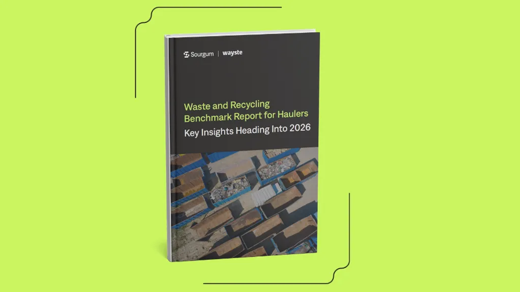 A book titled "Waste and Recycling Benchmark Report for Haulers: Key Insights Heading Into 2026" on a bright green background.