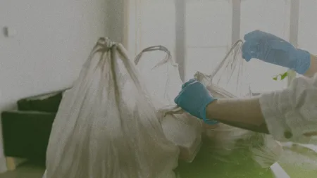 Person wearing gloves carrying plastic grocery bags in a room with a couch and window in the background.