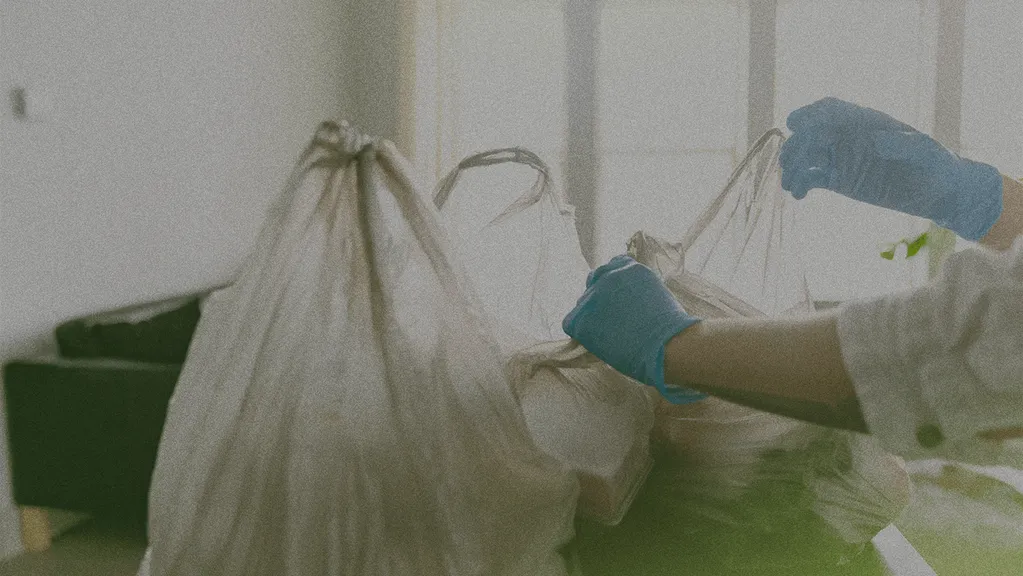 Person wearing gloves carrying plastic grocery bags in a room with a couch and window in the background.