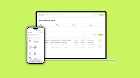 Laptop and smartphone displaying a dashboard with "Welcome back, John!" on a lime green background.