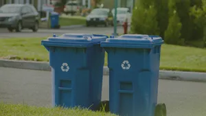 Two blue recycling bins with white recycling symbols stand on a grassy curbside in a suburban neighborhood.