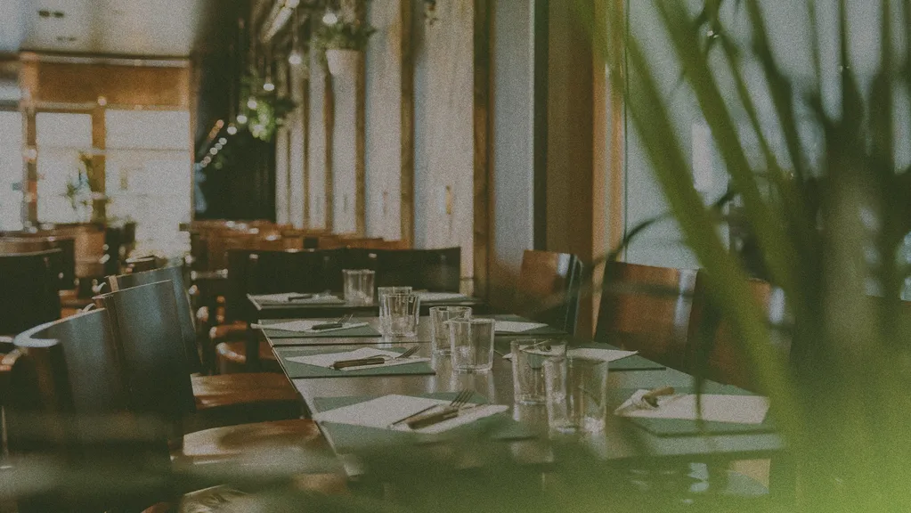 Cozy restaurant interior with neatly set tables, wooden chairs, and soft lighting, partially obscured by green plants in the foreground.