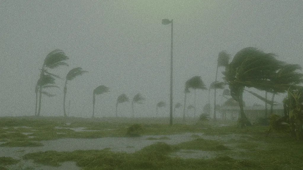 Windswept palm trees bend during a storm, surrounded by blurred rain and a waterlogged grassy area, evoking a sense of intense weather conditions.