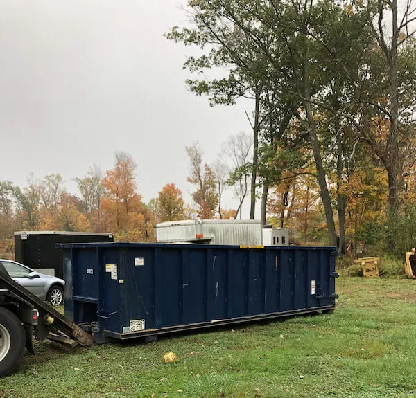 Rented dumpster placed in the grass in Virginia