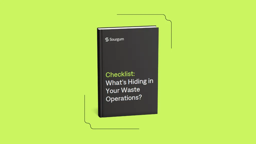Book titled "Checklist: What's Hiding in Your Waste Operations?" on a bright green background with the Sourgum logo.